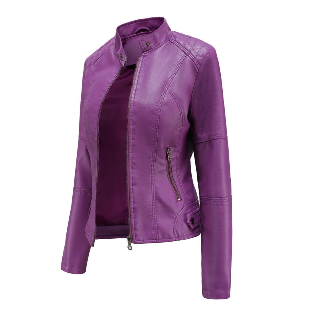 Purple stand collar biker jacket shown from a side angle