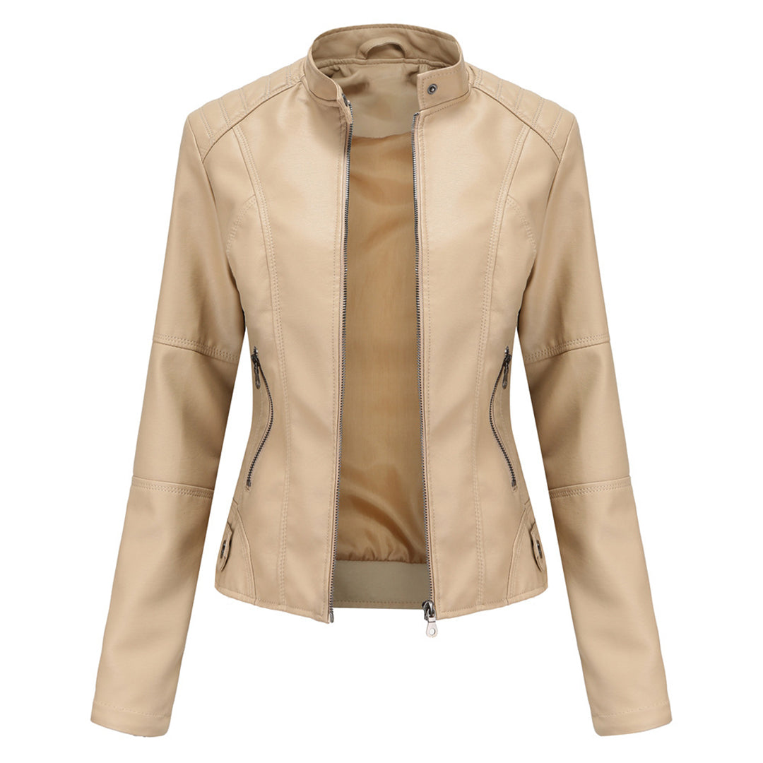 Beige stand collar biker jacket with quilted shoulders, front view