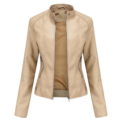 Beige stand collar biker jacket with quilted shoulders, front view