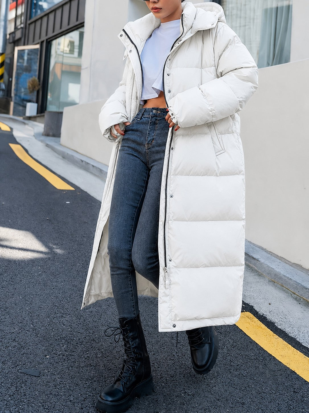 White quilted maxi puffer coat, walking view