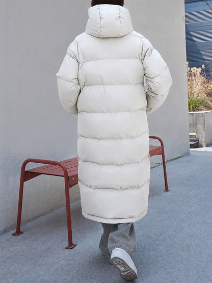 White long puffer coat with hood, back view