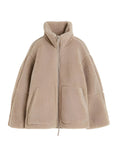 Oatmeal teddy fleece jacket with stand collar, front view on white
