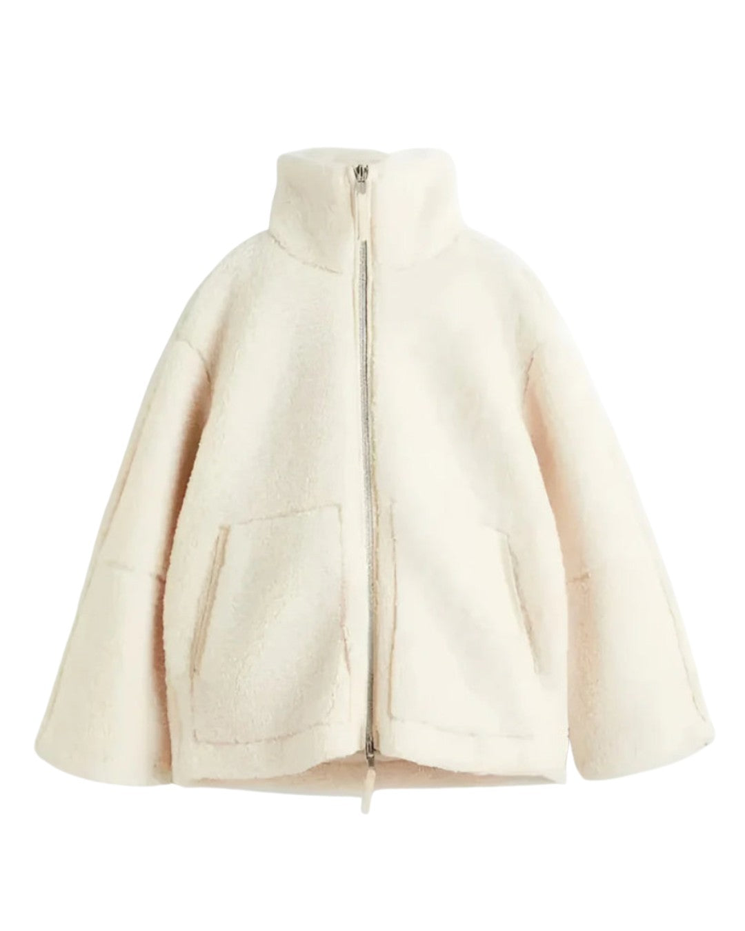 Cream teddy fleece jacket with patch pockets, front view on white