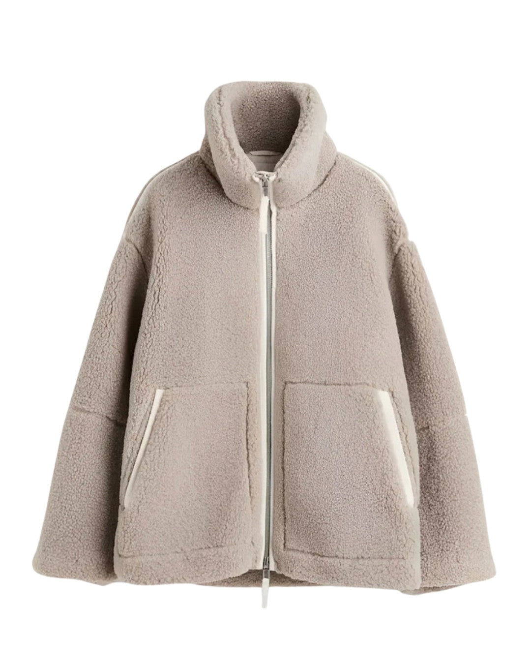 Taupe teddy fleece jacket with full zip, front view on white