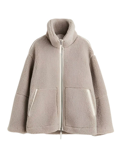 Taupe teddy fleece jacket with full zip, front view on white
