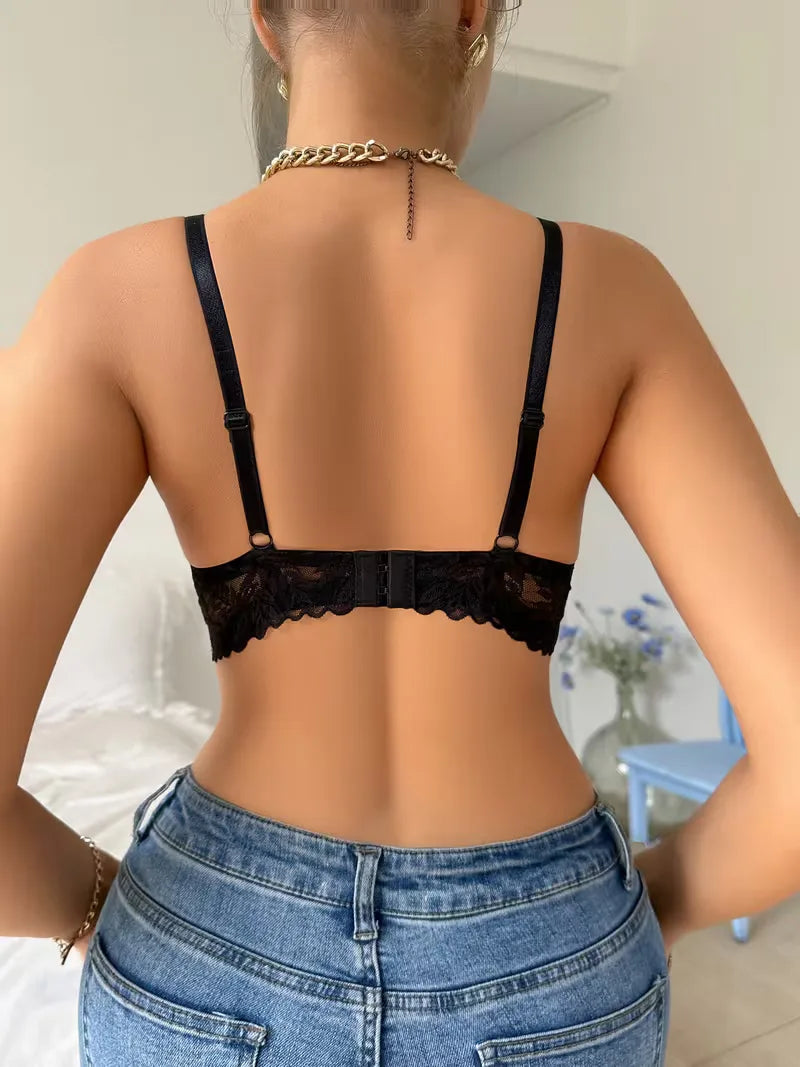 Back view of the black strappy lace bra