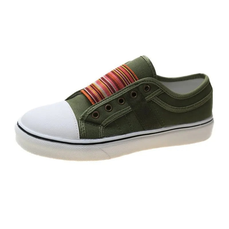 Olive canvas slip-on sneaker with striped panel