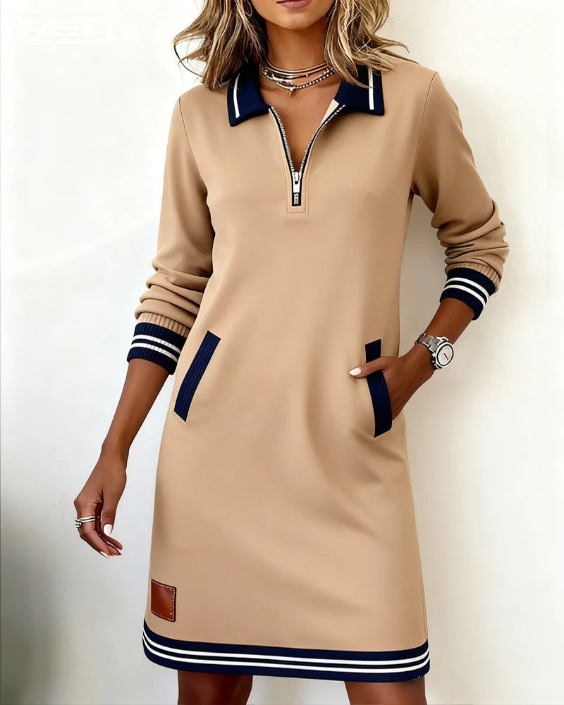 Beige polo dress with striped cuffs and hem