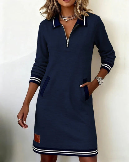 Navy half zip polo dress with striped trim