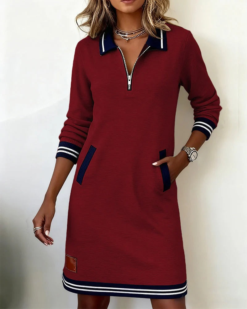 Burgundy half zip polo dress with striped trim