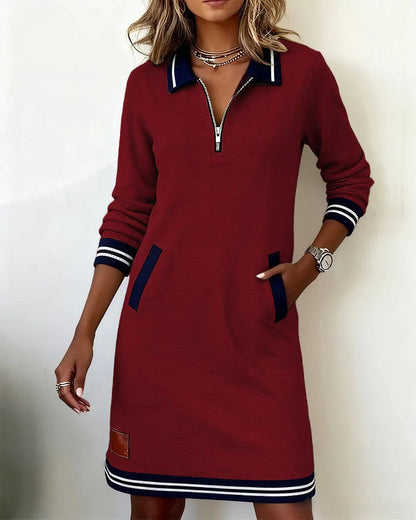 Burgundy half zip polo dress with striped trim