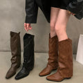 Studded slouch knee boots in dark brown, black and tan