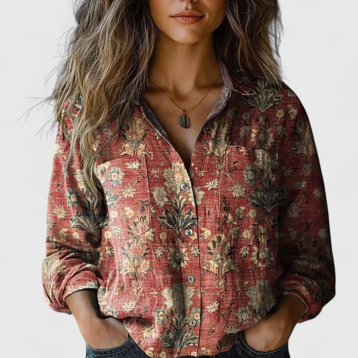 Rust red tapestry print button shirt with a spread collar, front view