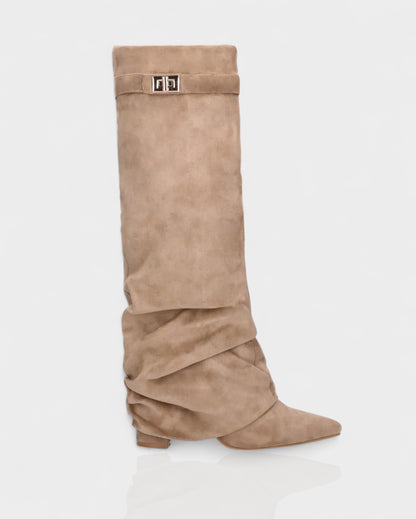 Single taupe suede foldover knee boot seen from the side