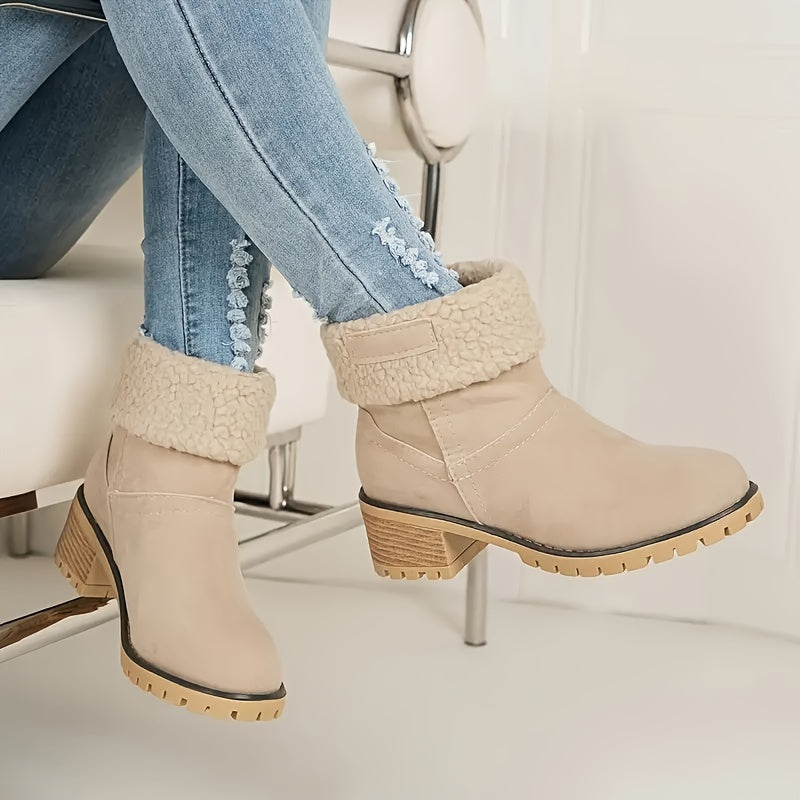 Beige faux suede ankle boots with a folded teddy cuff