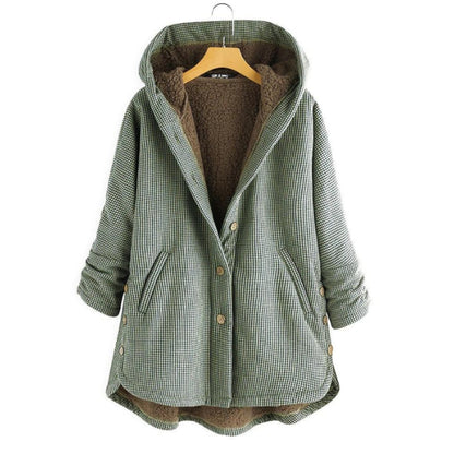 Sage check hooded jacket with teddy lining on a hanger