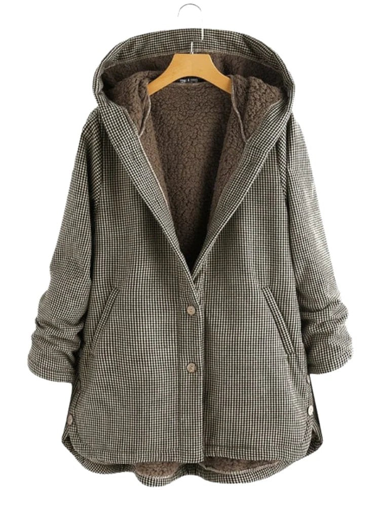 Brown check hooded jacket with teddy lining on a hanger