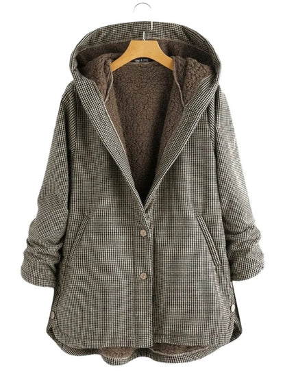 Brown check hooded jacket with teddy lining on a hanger