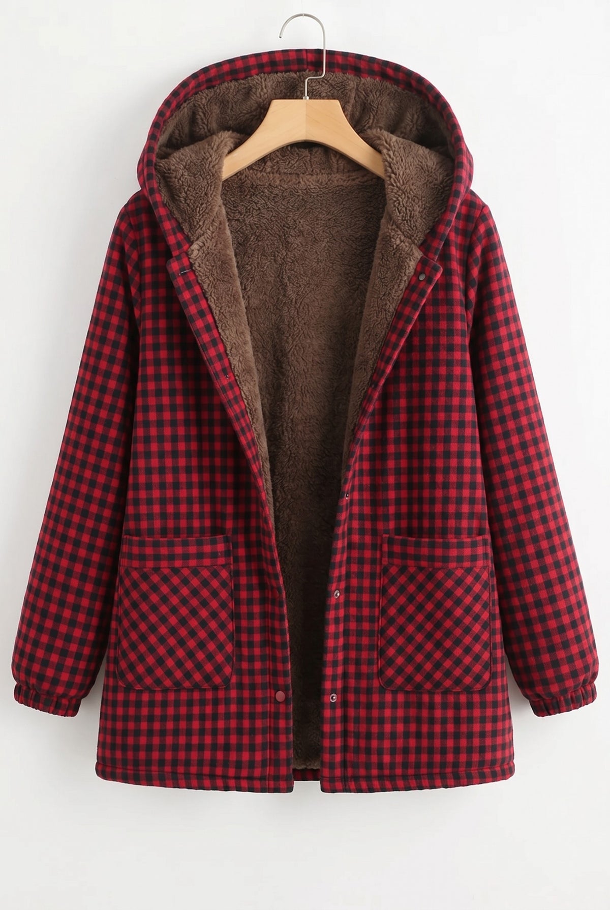 Red check hooded jacket with patch pockets, front view