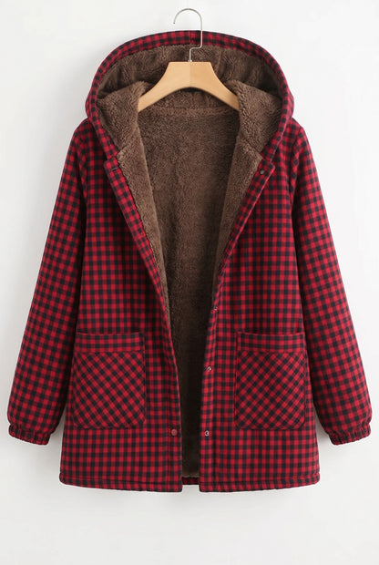 Red check hooded jacket with patch pockets, front view