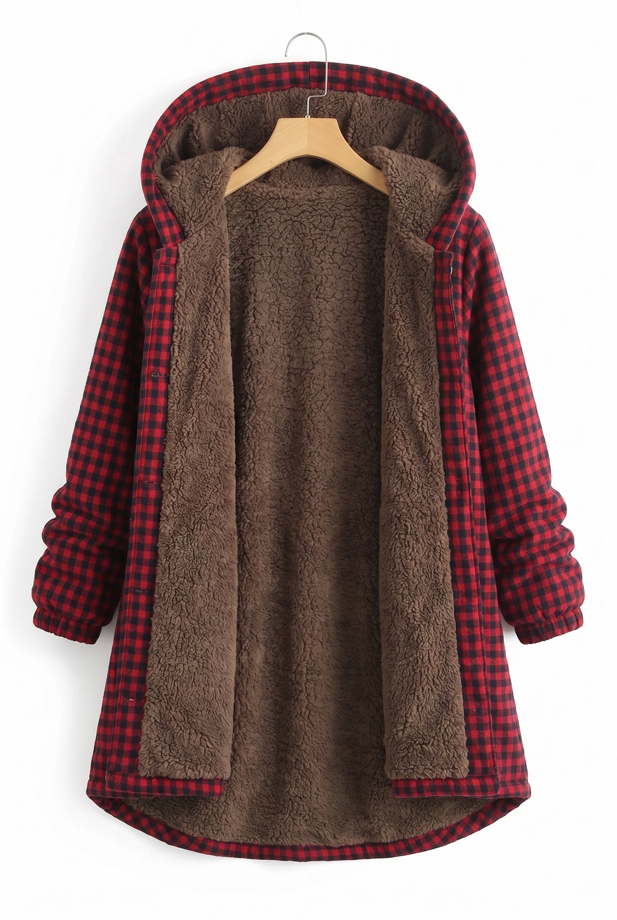Red check jacket open to show the teddy lining