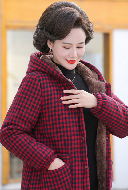 Red check teddy lined jacket worn with a dark top
