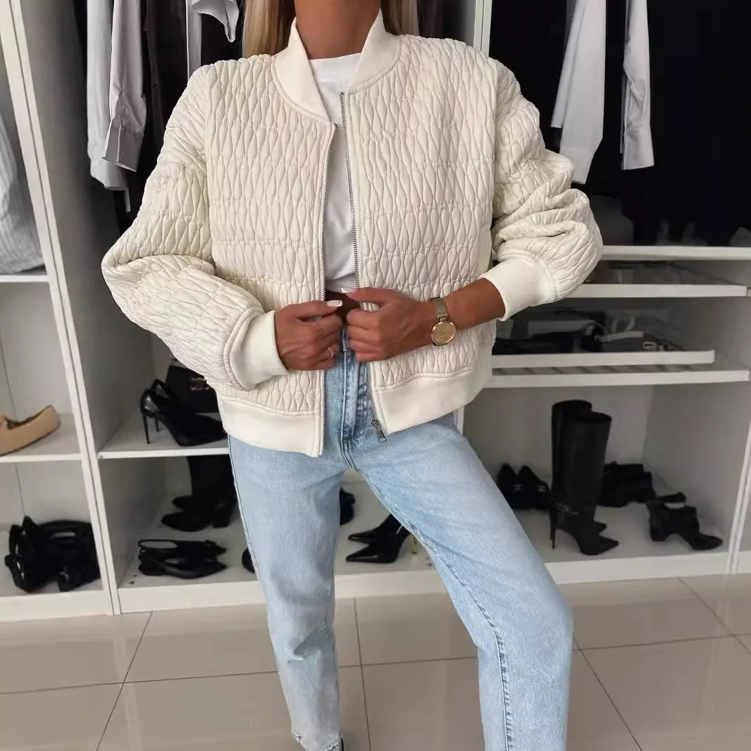 Cream textured quilted bomber jacket worn, front