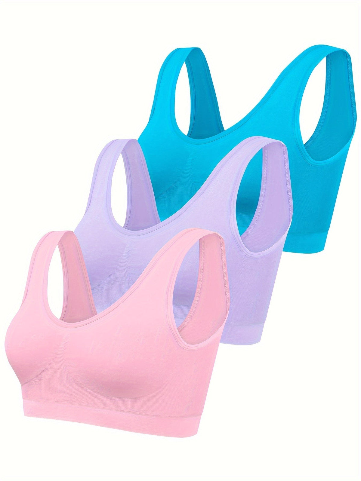 Three pack bralette set in teal, lavender and pink