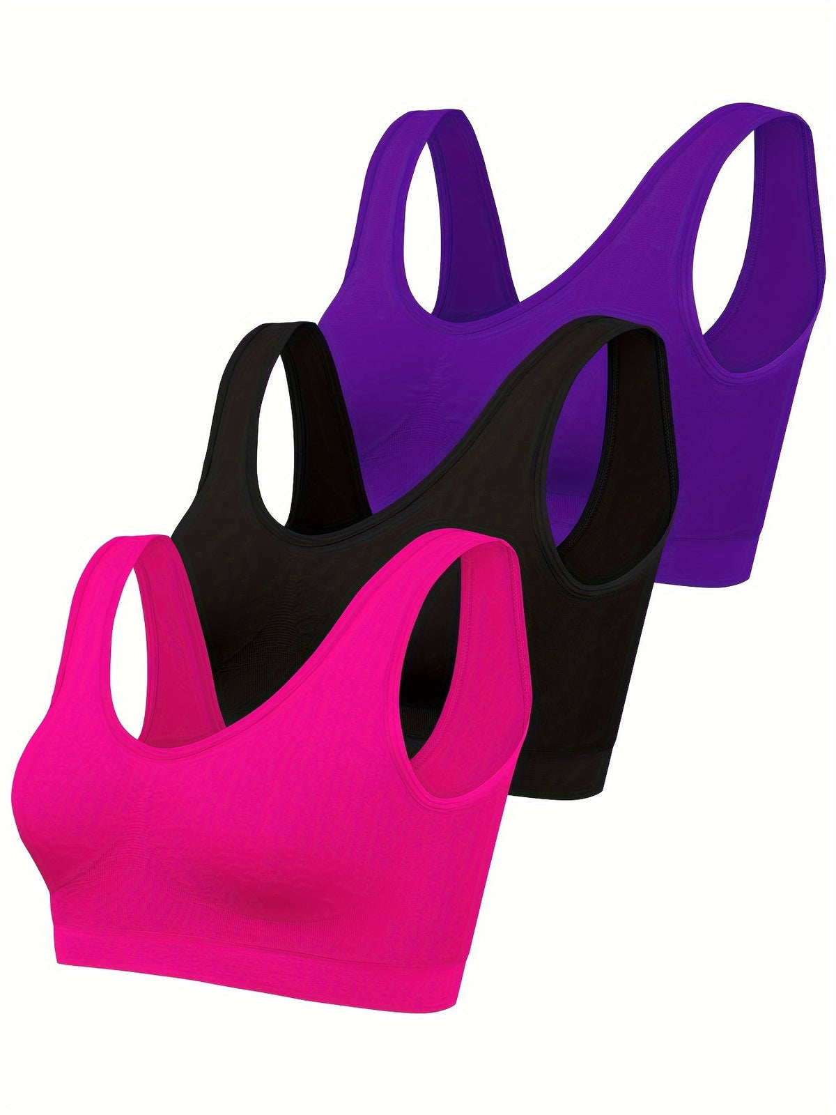 Three pack bralette set in purple, black and fuchsia