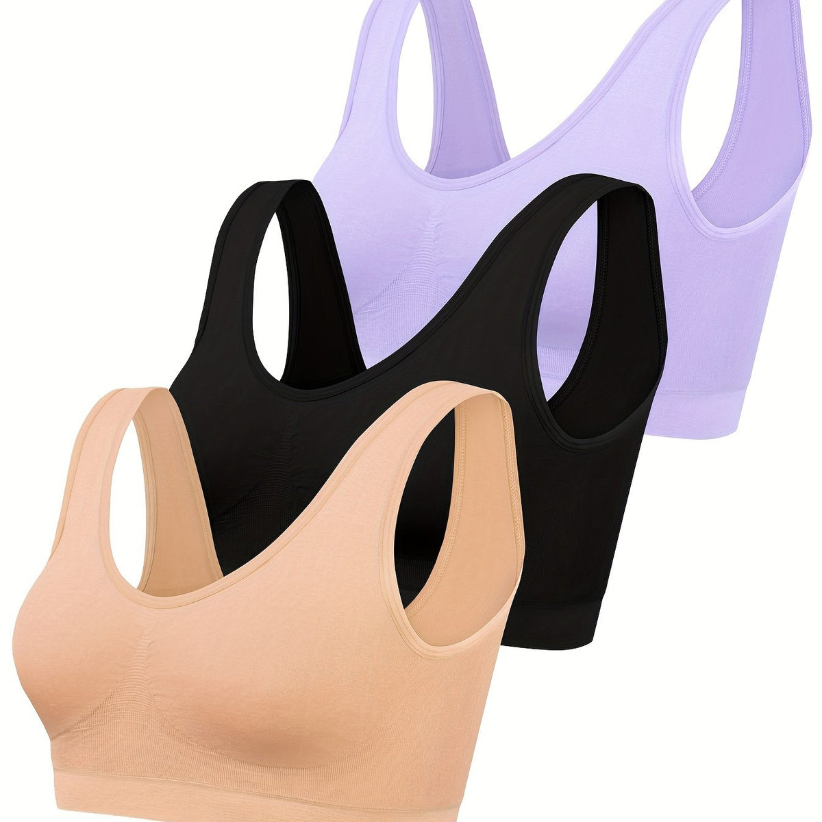 Black, lavender and nude three pack bralette set