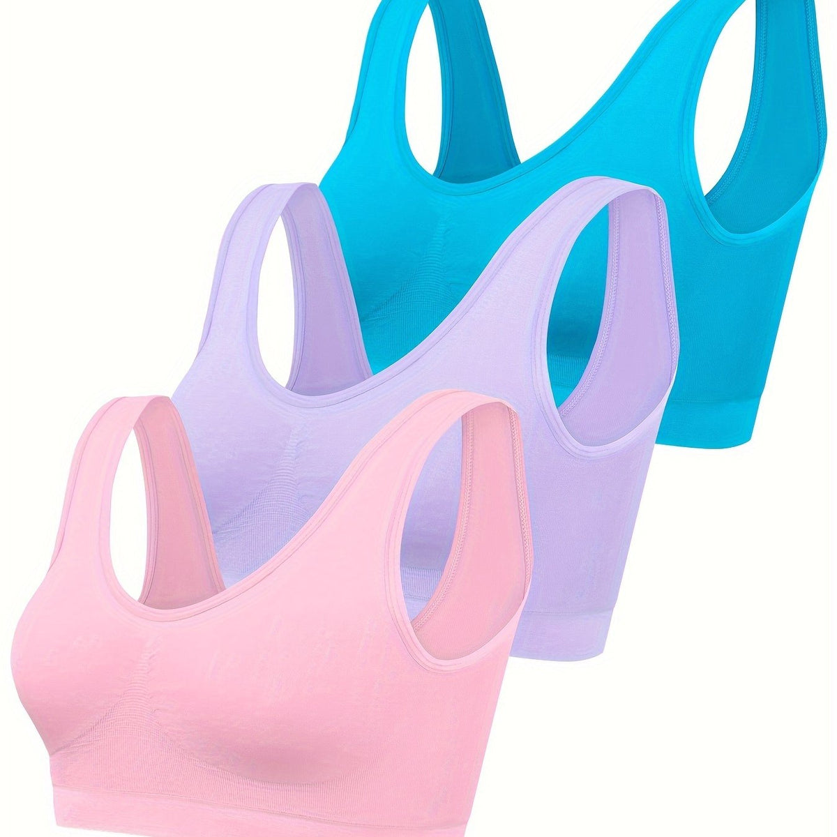 Pink, lavender and teal three pack bralette set