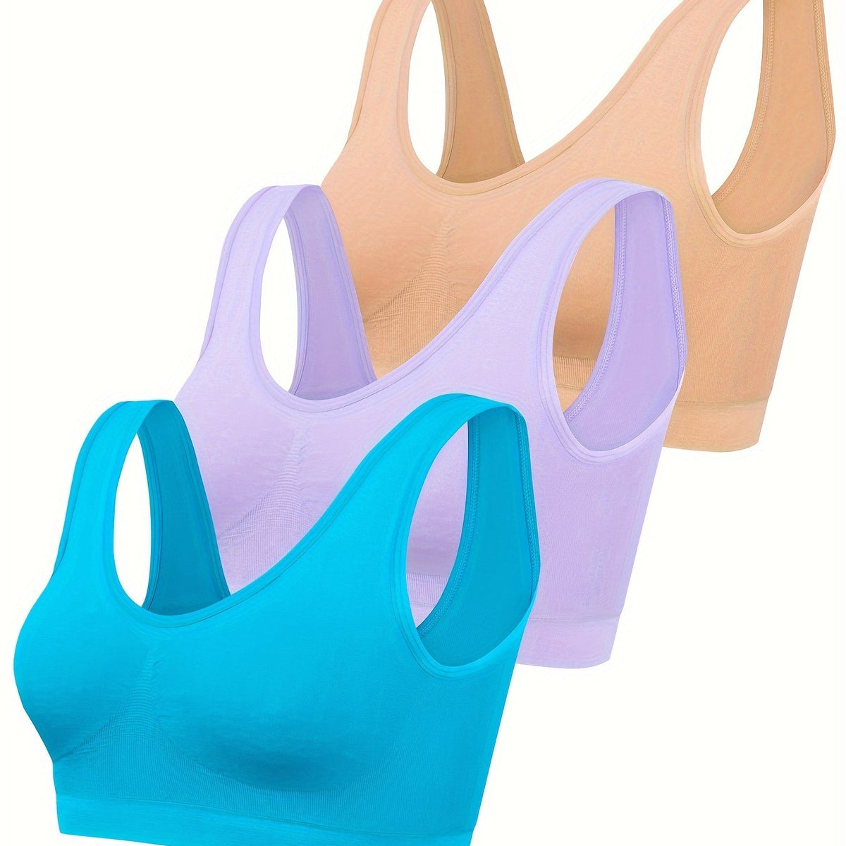 Teal, lavender and nude three pack bralette set