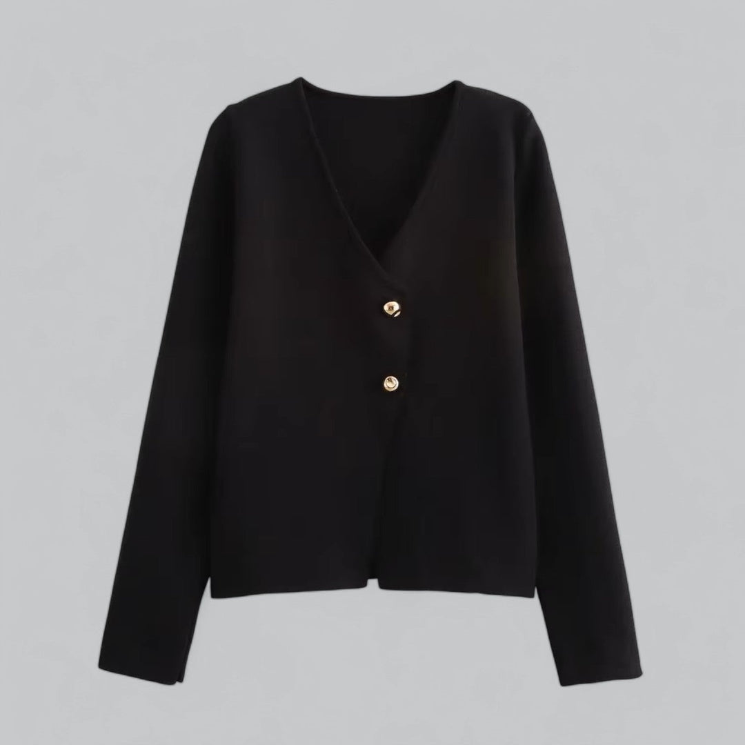 Black two-button V-neck cardigan with metal buttons, flat lay front view