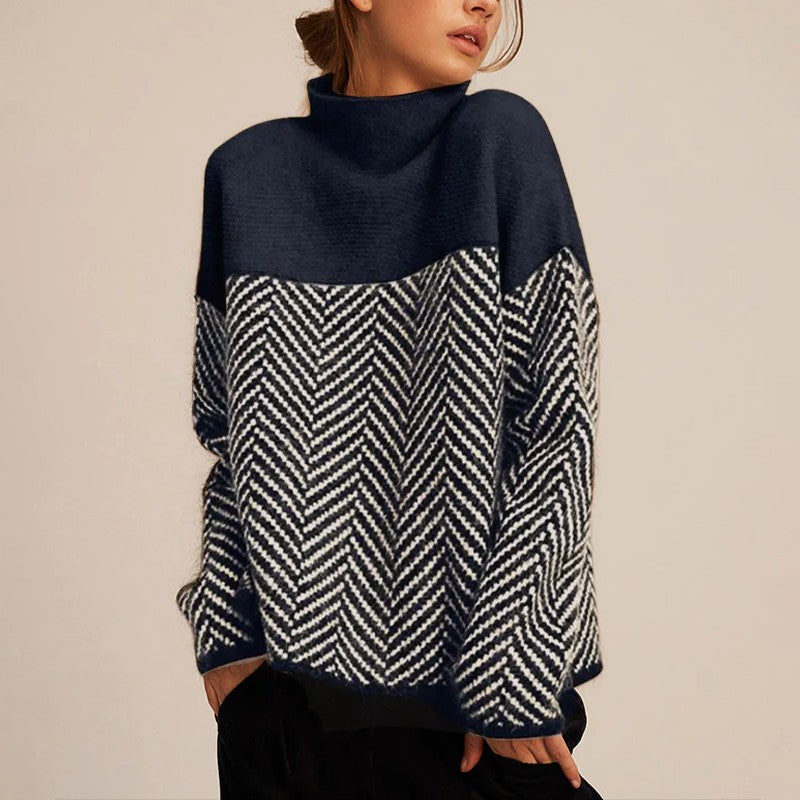Two Tone Herringbone Turtleneck in Navy | Valenira