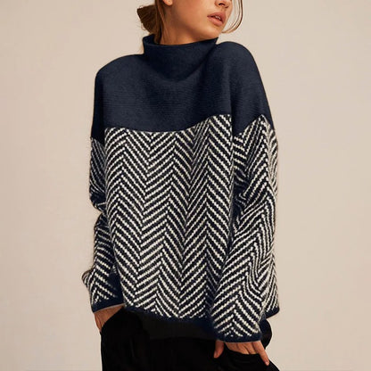 Two Tone Herringbone Turtleneck in Navy | Valenira