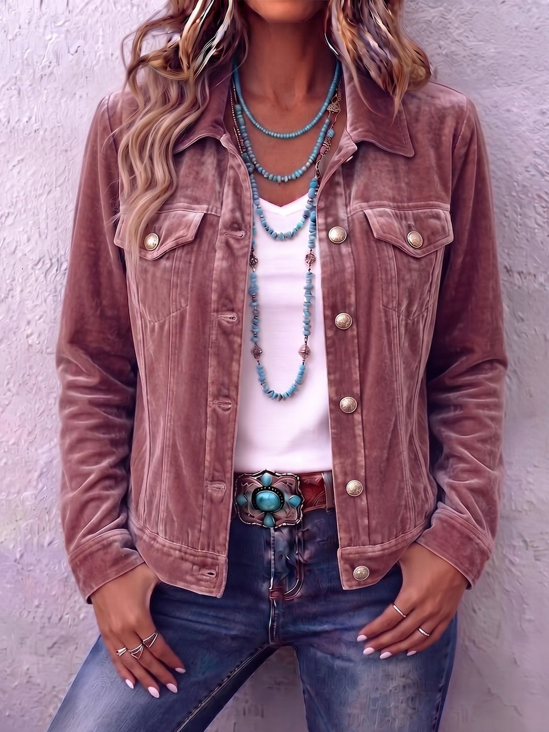 Dusty rose velvet western jacket with flap chest pockets, front view