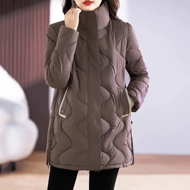 Mocha wave quilted padded jacket worn, front