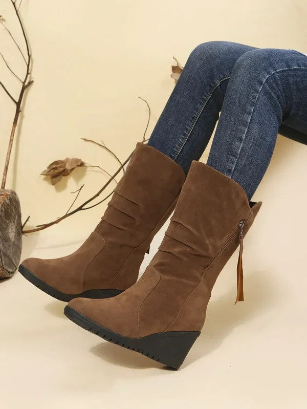 Wedge Heel Slouch Boots in Brown | Valenira