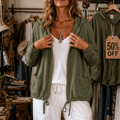 Olive hooded jacket with an adjustable drawstring hem