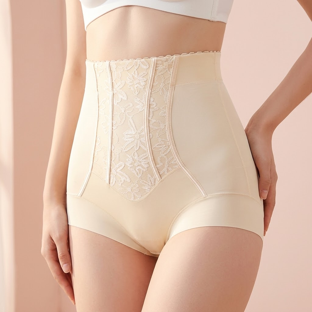 Ivory high-waist shaping briefs with a boned lace front panel
