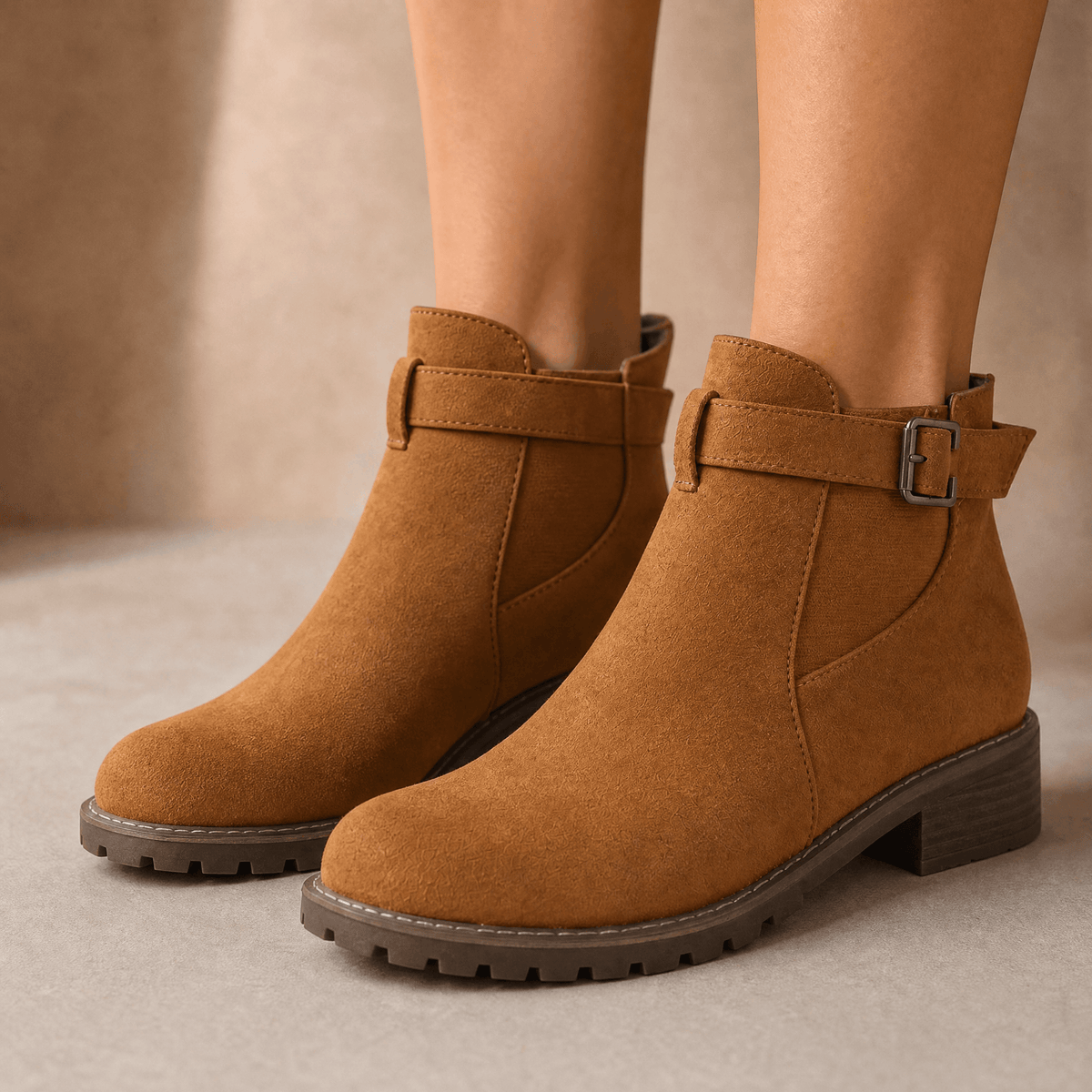 Tan suede ankle booties with buckle straps and elastic panels
