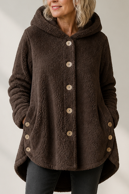 Brown fleece look hooded shirt jacket with a curved hem