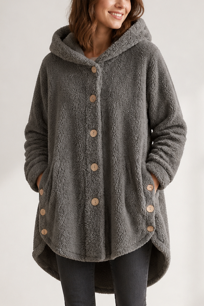 Grey fleece look hooded shirt jacket with patch pockets