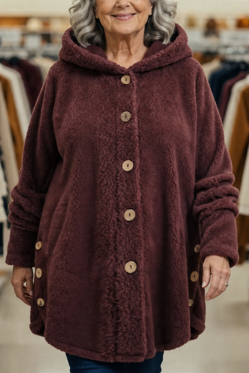 Burgundy fleece look hooded shirt jacket with wooden buttons