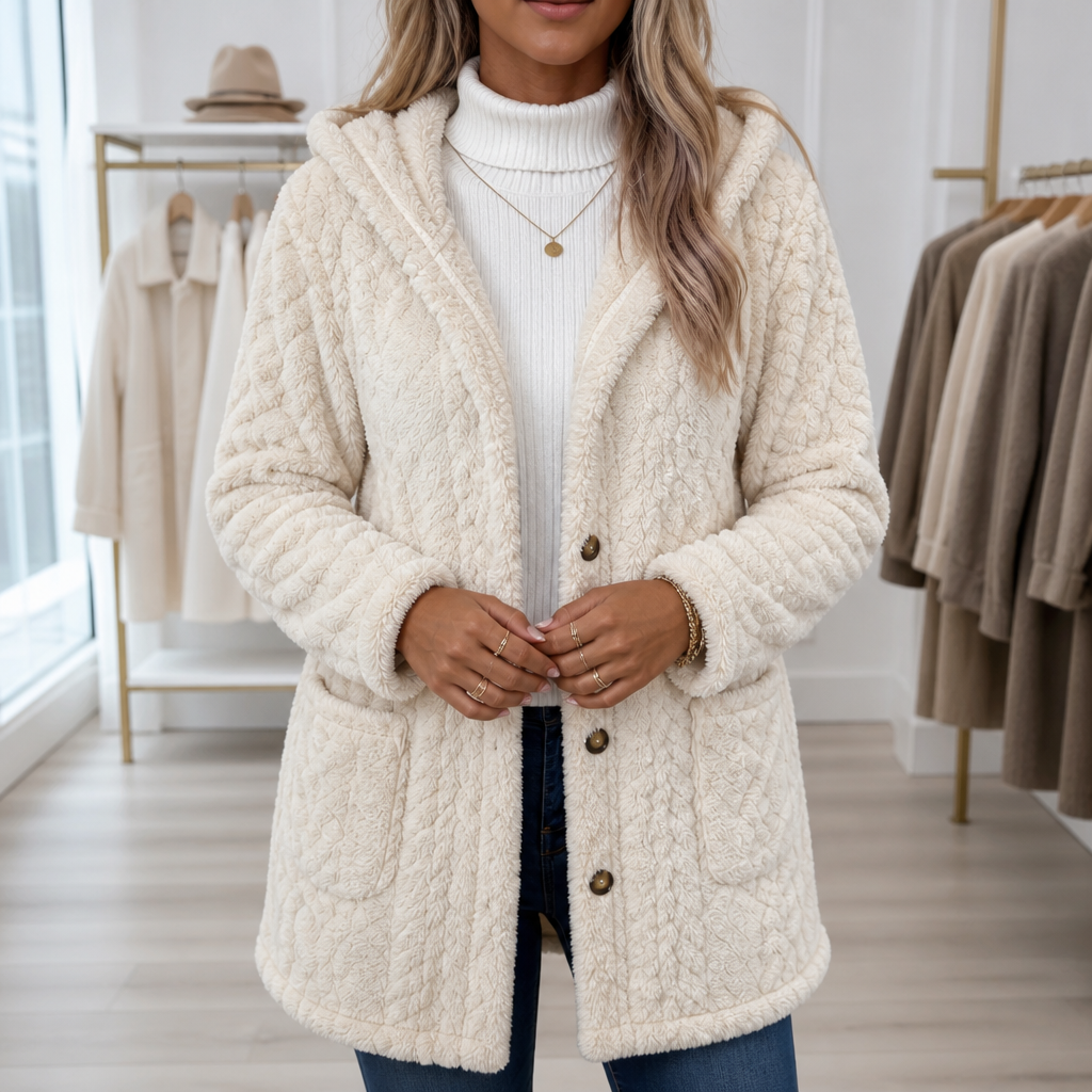 Cream cable knit hooded long cardigan with a button front