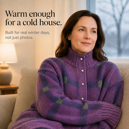 Feature panel of the purple checked cardigan worn on a sofa