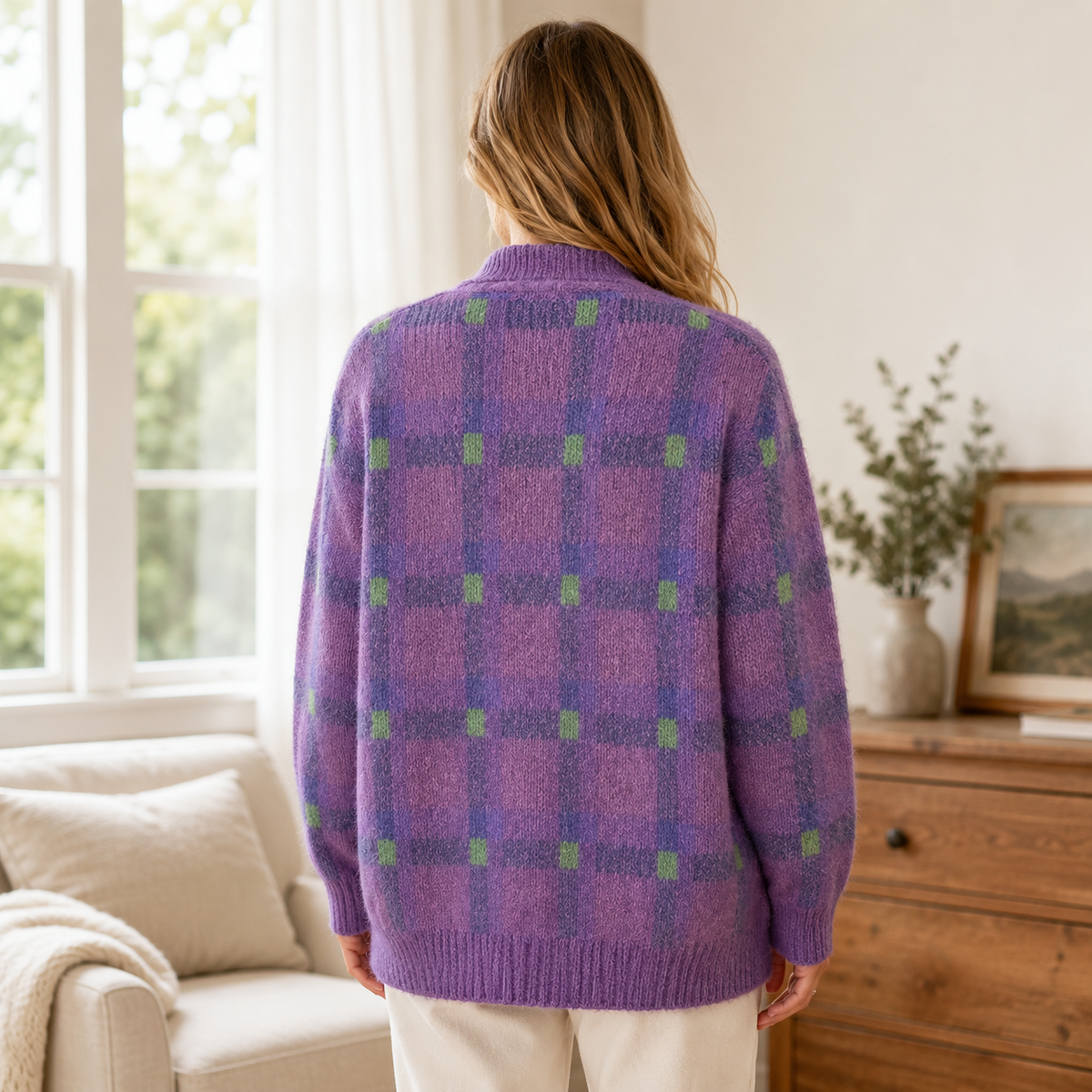 Back view of a purple checked knit collar cardigan