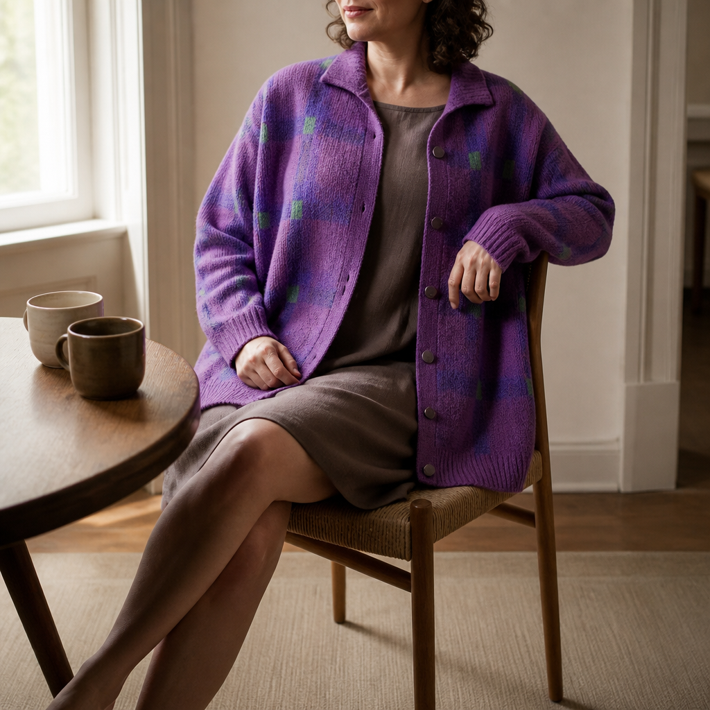 Woman seated at a table in a purple checked knit cardigan