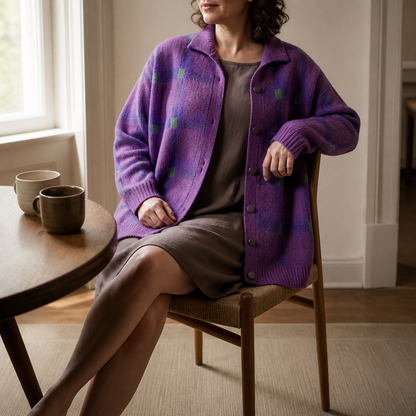 Woman seated at a table in a purple checked knit cardigan