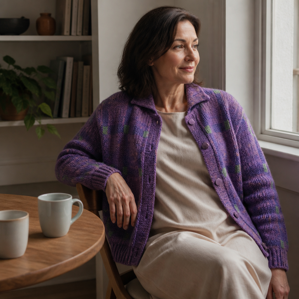 Woman with a mug in a purple checked knit collar cardigan